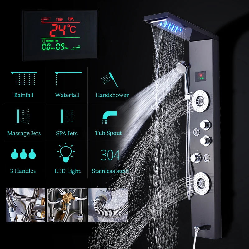 Newly Luxury Black/Brushed Bathroom Shower Faucet LED Shower Panel Column Bathtub Mixer Tap With Hand Shower Temperature Screen