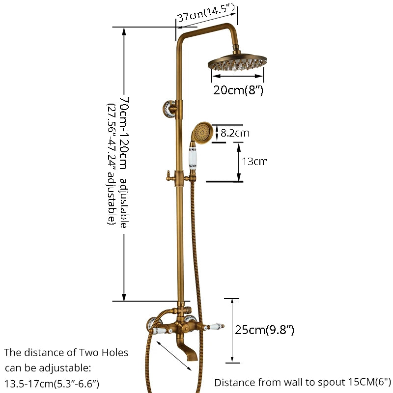 rozin Antique Brass Shower Faucet Set Bathroom Shower Column with Shelf Rainfall Hot Cold Water Mixer Tap Handhold Shower Faucet