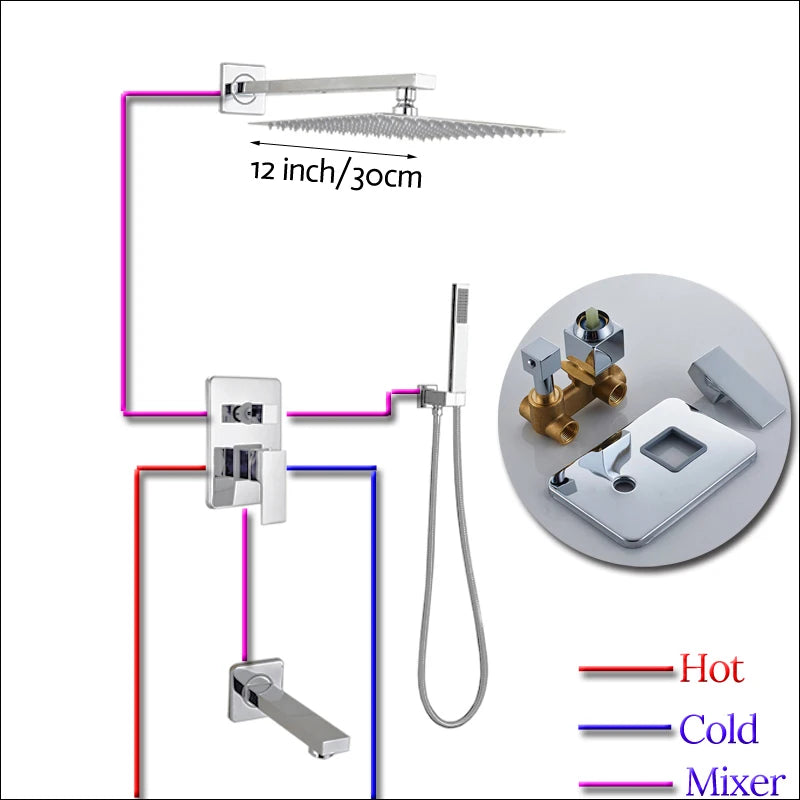 Rozin Wall Mount Rainfall Shower Faucet Set Chrome Concealed Bathroom Faucets System 16'' Head with Swivel Tub Spout Mixer Tap
