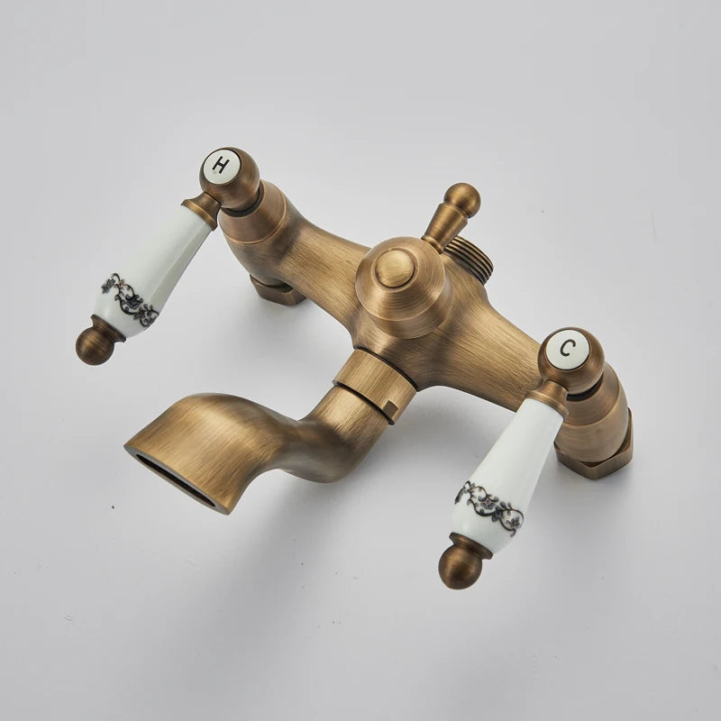 rozin Antique Brass Shower Faucet Set Bathroom Shower Column with Shelf Rainfall Hot Cold Water Mixer Tap Handhold Shower Faucet