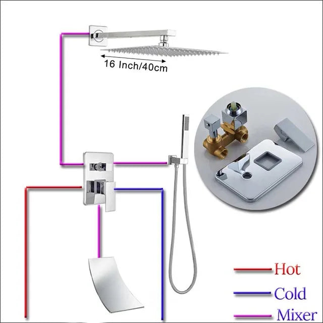 Rozin Wall Mount Rainfall Shower Faucet Set Chrome Concealed Bathroom Faucets System 16'' Head with Swivel Tub Spout Mixer Tap