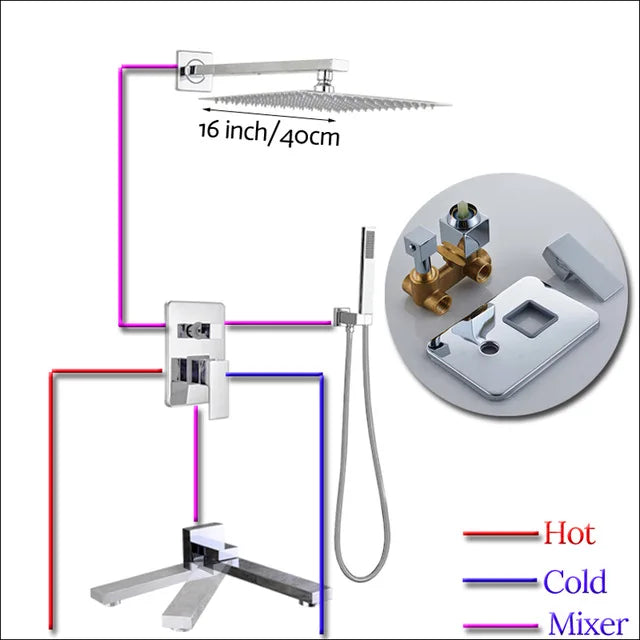 Rozin Wall Mount Rainfall Shower Faucet Set Chrome Concealed Bathroom Faucets System 16'' Head with Swivel Tub Spout Mixer Tap