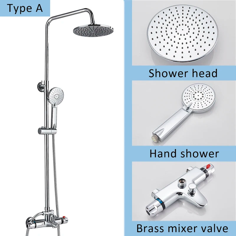 Suguword Thermostatic Chrome Bathroom Shower Faucet Set Rainfall Bath 8 inch Shower Head Thermostat Shower Crane Taps