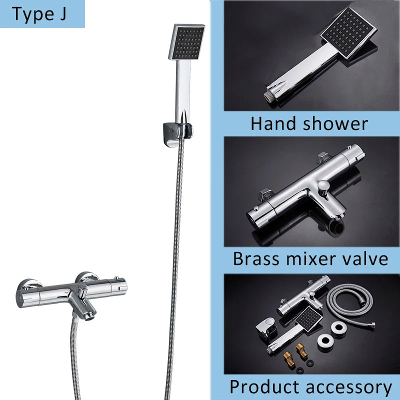 Suguword Thermostatic Chrome Bathroom Shower Faucet Set Rainfall Bath 8 inch Shower Head Thermostat Shower Crane Taps