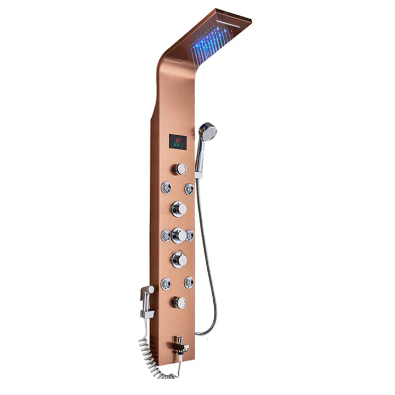 Saeuwtowy Wall Mount Shower Panel Shower Column LED Waterfall Shower Faucet Set With Bidet Sprayer Massage Temperature Display