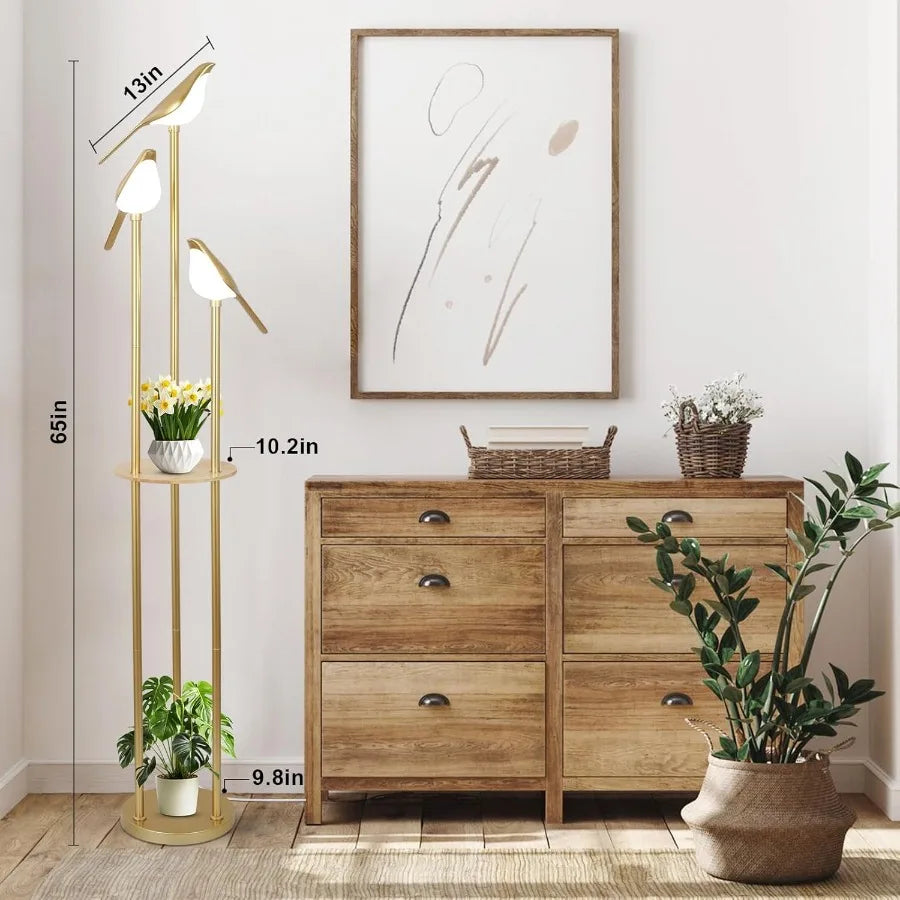 Gold Floor Lamps for Living Room Modern Floor Lamp with Shelves Mid Century Standing Lamp with 3 Adjustable LED Bird Lights Cor