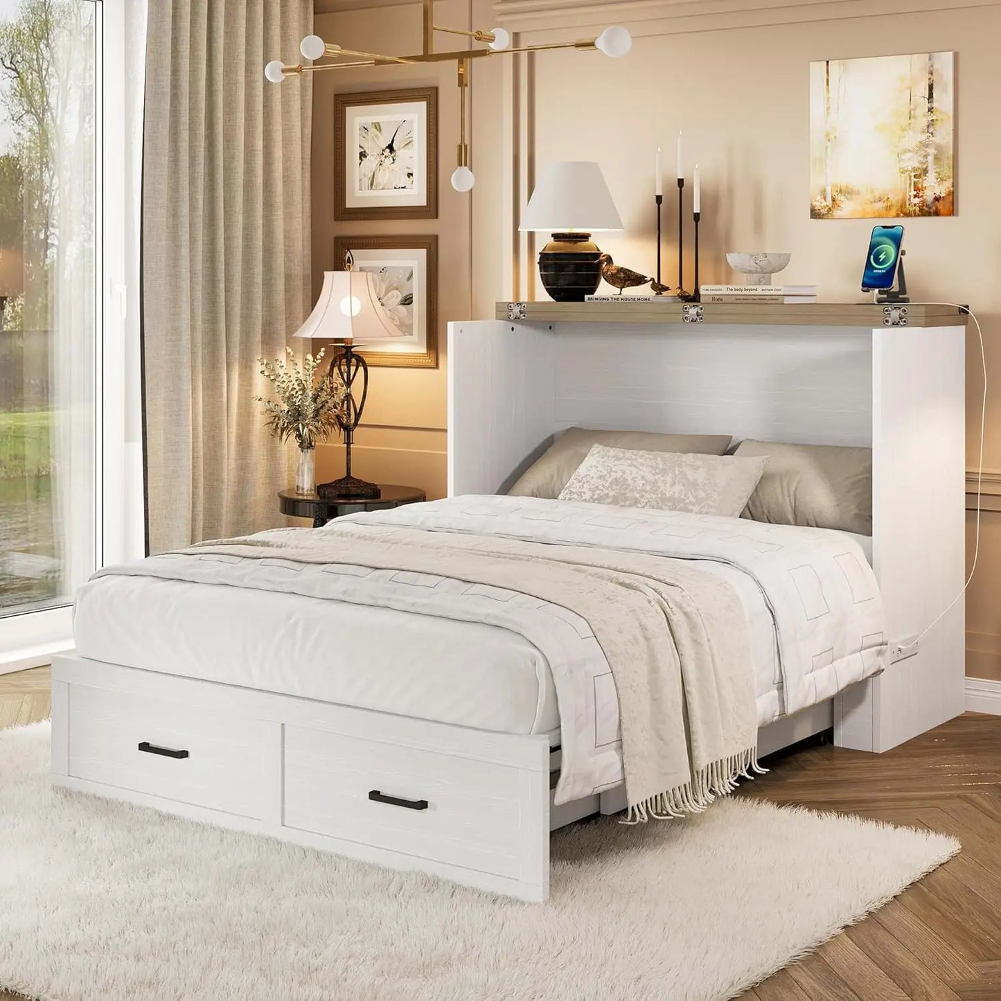 Full Size Murphy Bed Cabinet Bed Foldable Platform Bed with Charging Station Storage Drawer for Small Bedroom, Customized