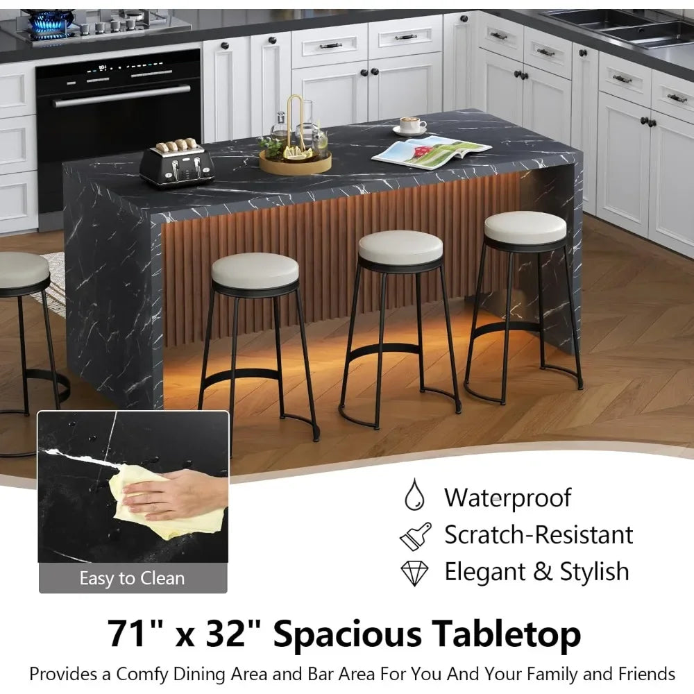 71 Inch Large Imitation Marble Dining Table, Island Table with Led Light, Modern Marble Stripe Kitchen Dining Table