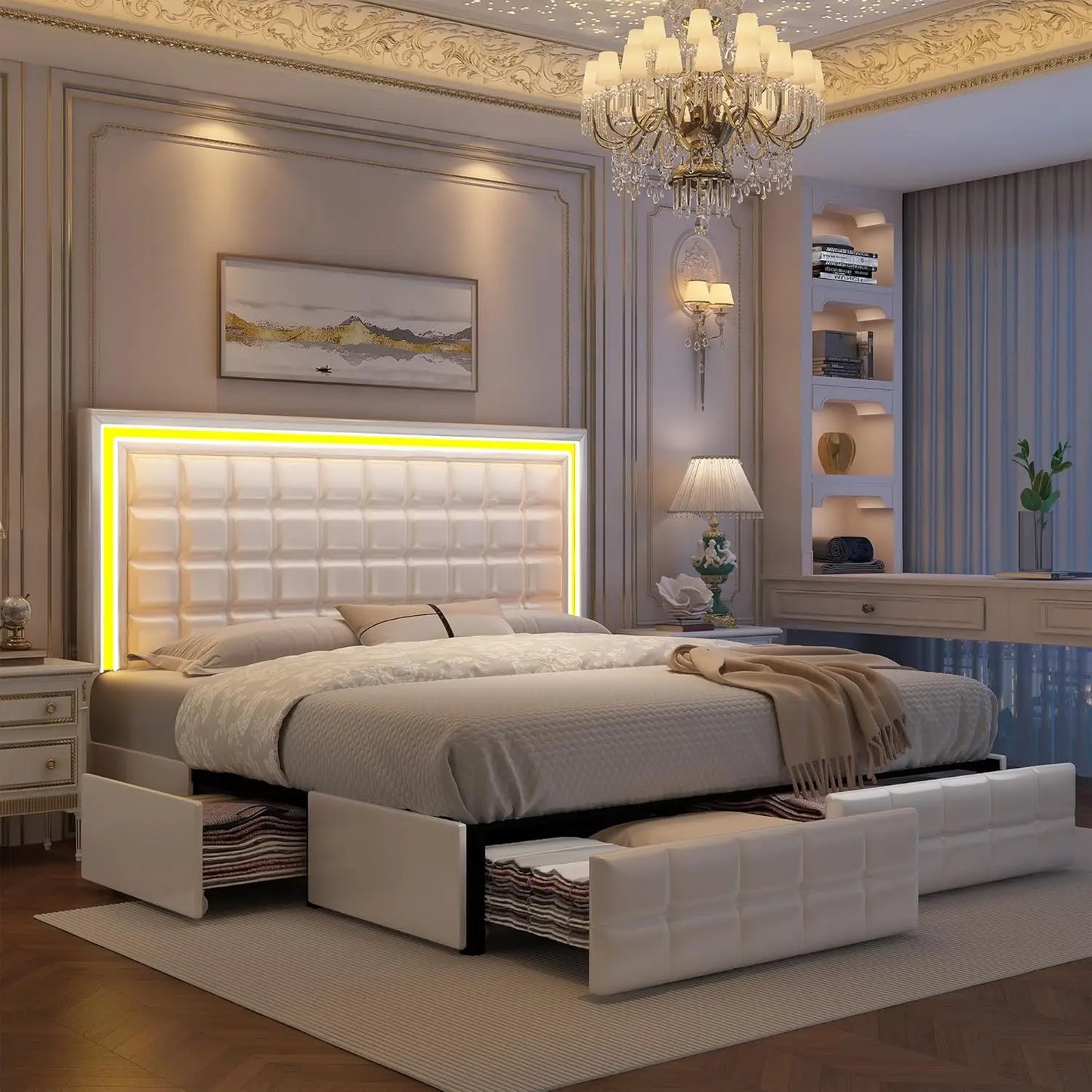 Full Bed Frame with LED Lighting and Storage Drawers, No Box Spring Needed, Supports 900 lbs, Easy Assembly, Quiet-Customized