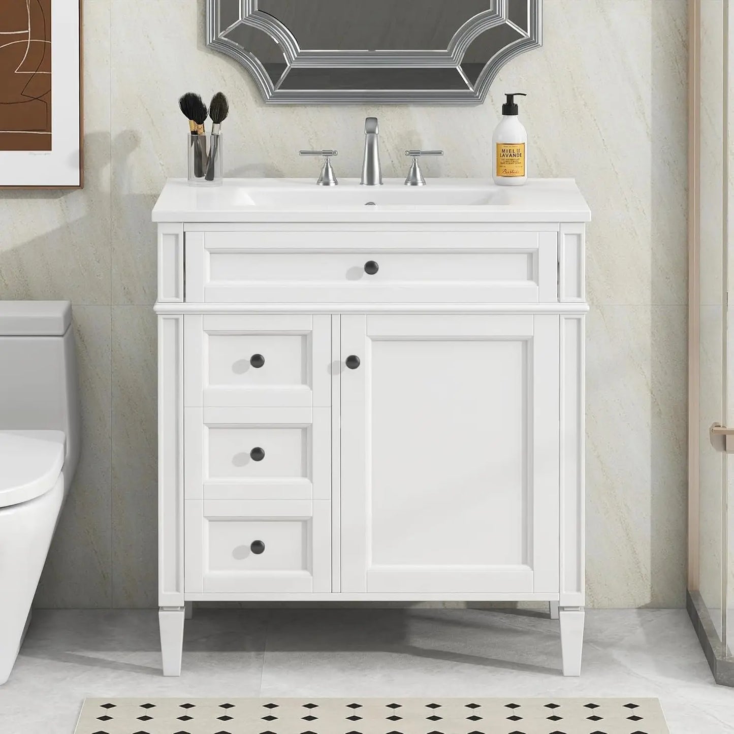 30" Bathroom Vanity Ceramic Sink Modern Freestanding Storage Cabinet Door 2 Drawers Tip-Out Drawer Solid Wood Frame, Customized