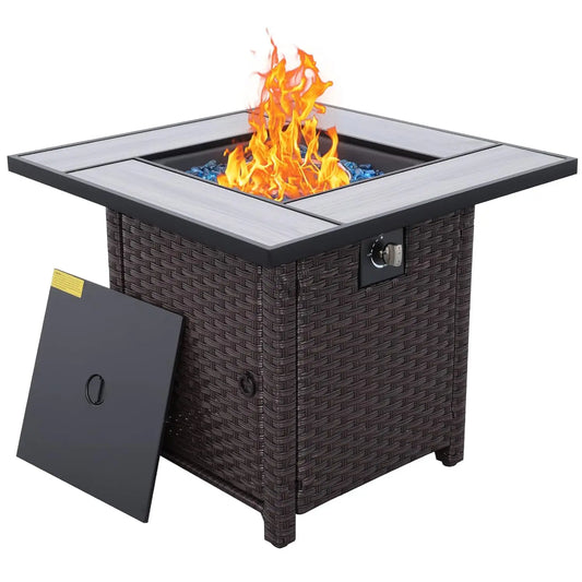 Propane Fire Pit, 30 Inch Outdoor PE Wicker Gas Fire Pit Table with Fire Glass, and Waterproof Cover, for Parties, Customized