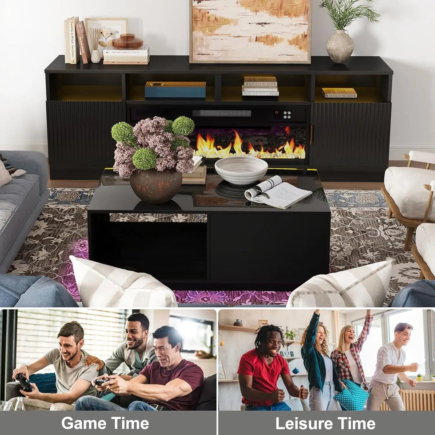 43.3IN LED Black Coffee Tables for Living Room with 16 Colors LED Lights Modern Coffee Table with Storage Drawer, Customized