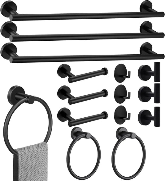 15-Piece Matte Black Bathroom Hardware Set with Towel Bars, Rings, Paper Holder & Hooks