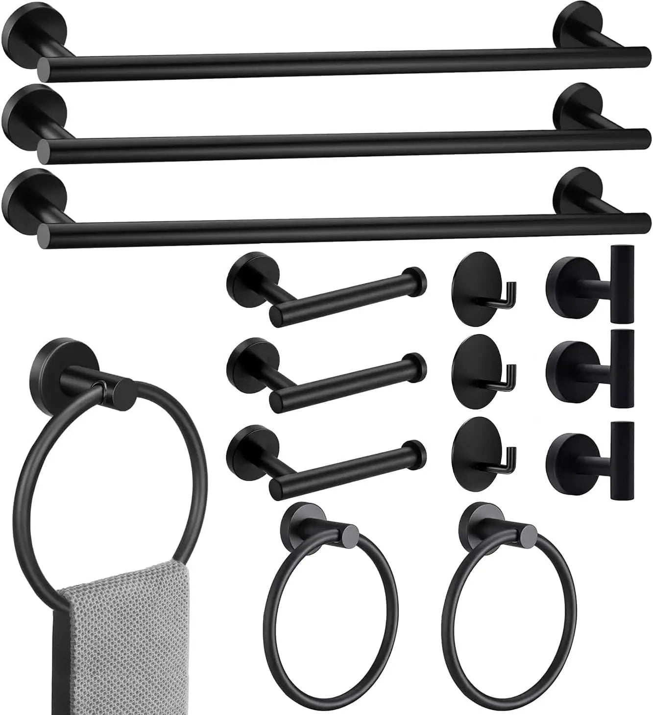 15-Piece Matte Black Bathroom Hardware Set with Towel Bars, Rings, Paper Holder & Hooks
