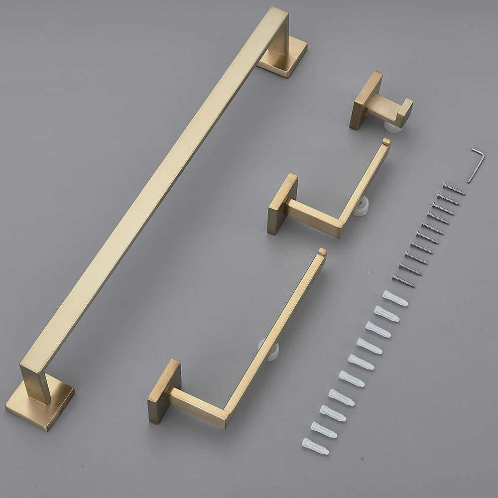 Brushed GoldBathroom Hardware Set Kit Accessories Wall Shelf Towel Bar Rack Rail Robe Hanger Toilet Brush Roll Paper Holder Dish