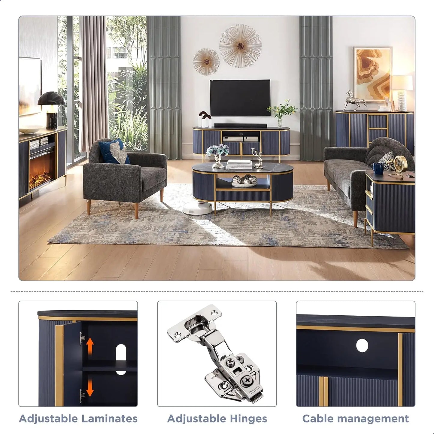 70" Fluted TV Stand Modern Entertainment Center Faux Marble Top Curved Profile Media Console Living Room Navy Blue Customized