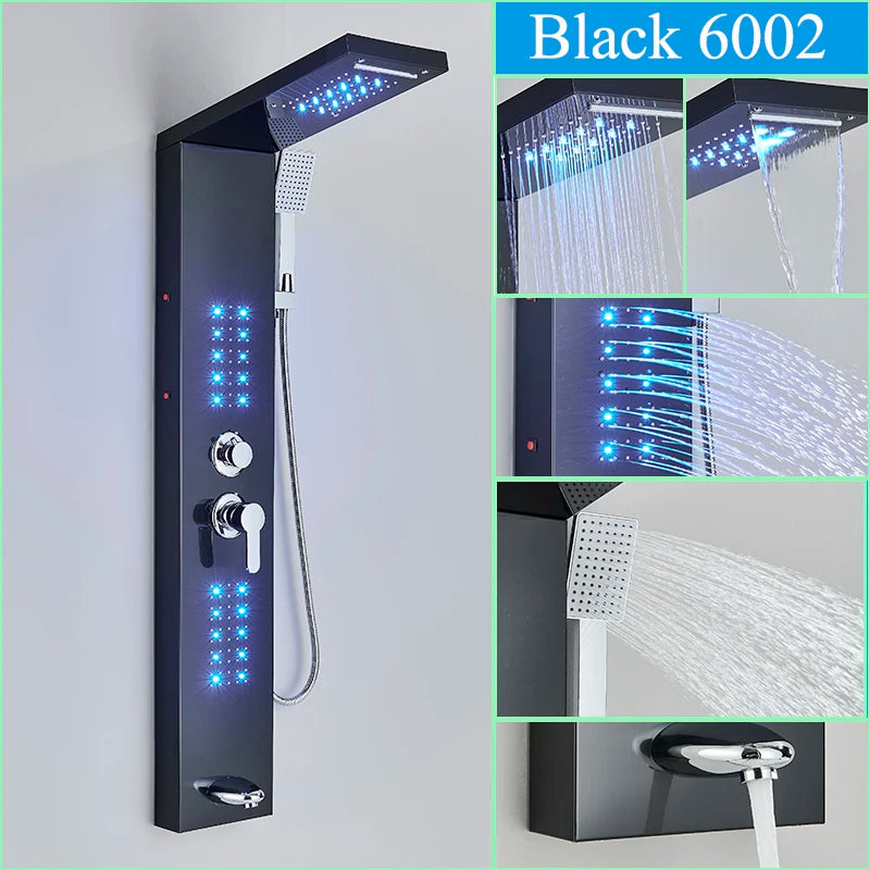 Nekjacg Black LED Shower Faucet Shower Panel & Column Bathroom Waterfall Rain Shower System Wall Mount Massage Spa Spout System