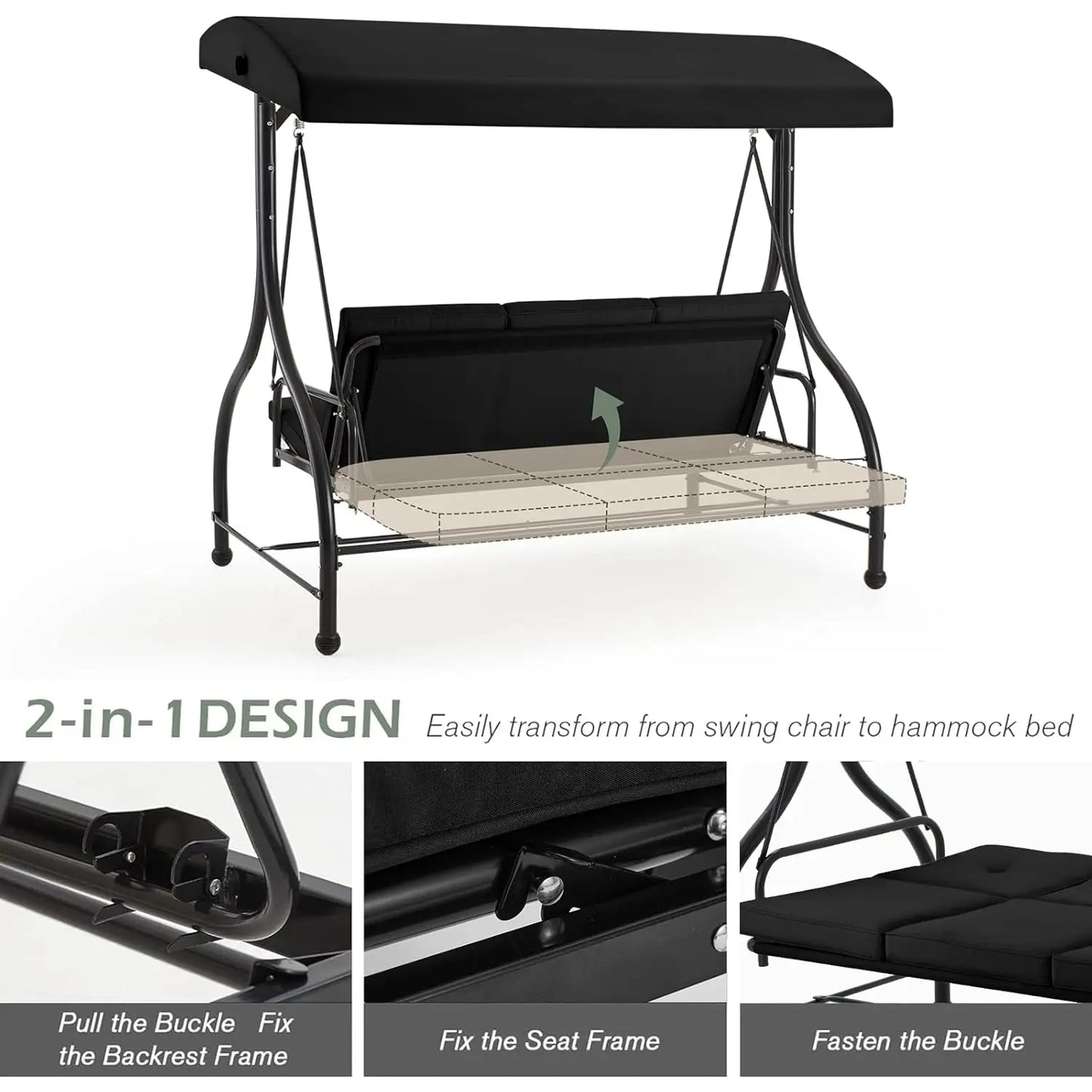 3-Seat Outdoor Patio Swing Chair, Converting Swing Glider Canopy Hammock w/Adjustable Backrest and Canopy, Customized