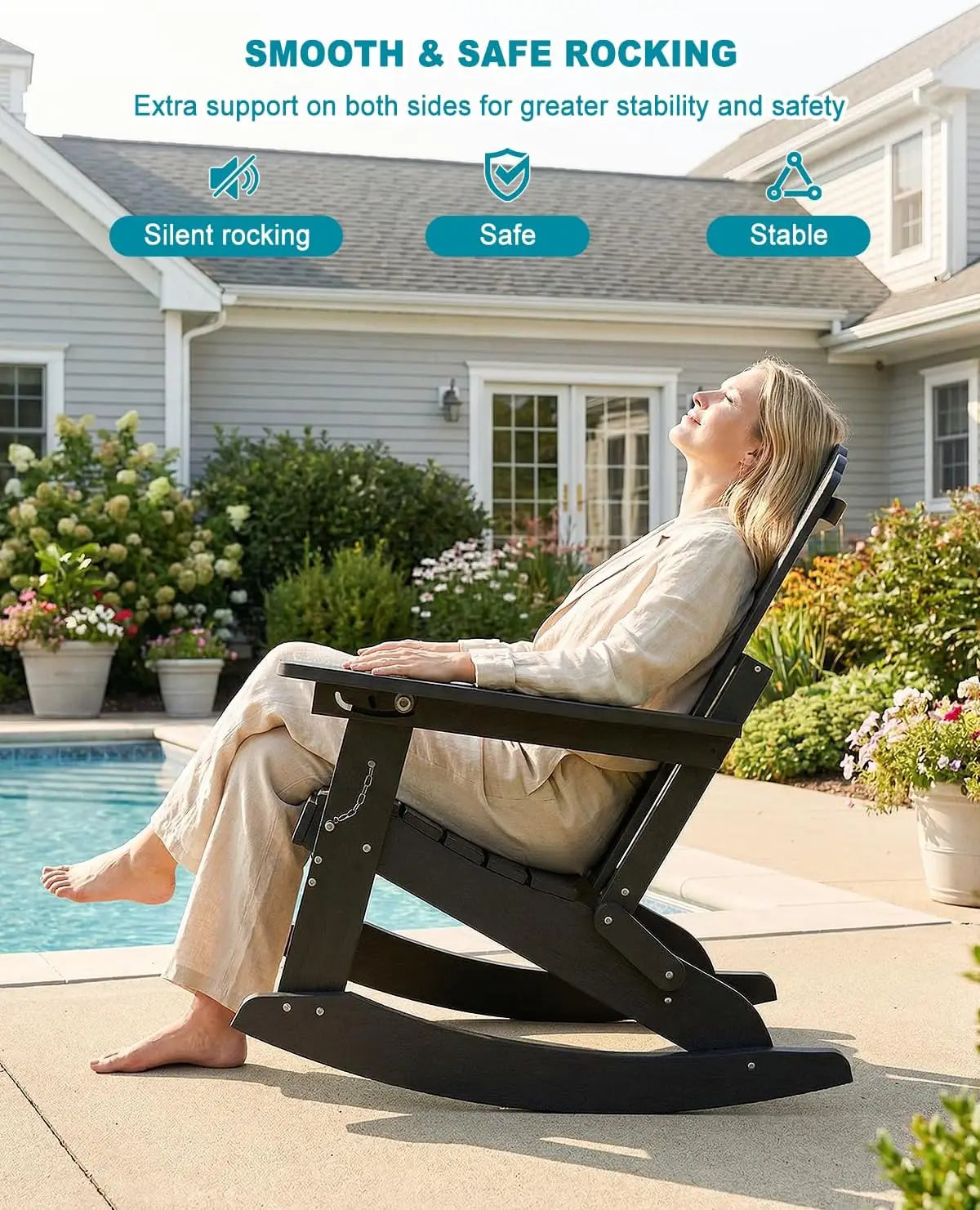 Adirondack Rocking Chairs with Retractable Ottoman & Cup Holders, 6-in-1 Folding HDPE Outdoor Rockers for Patio, Porch, Lawn