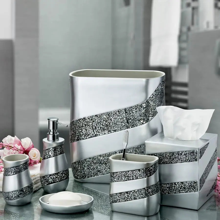 Silver Mosaic Bathroom Accessories Set Complete 6 Piece Bathroom Set Includes Bathroom Trash Can, Tissue Cover, Soap Dispenser,