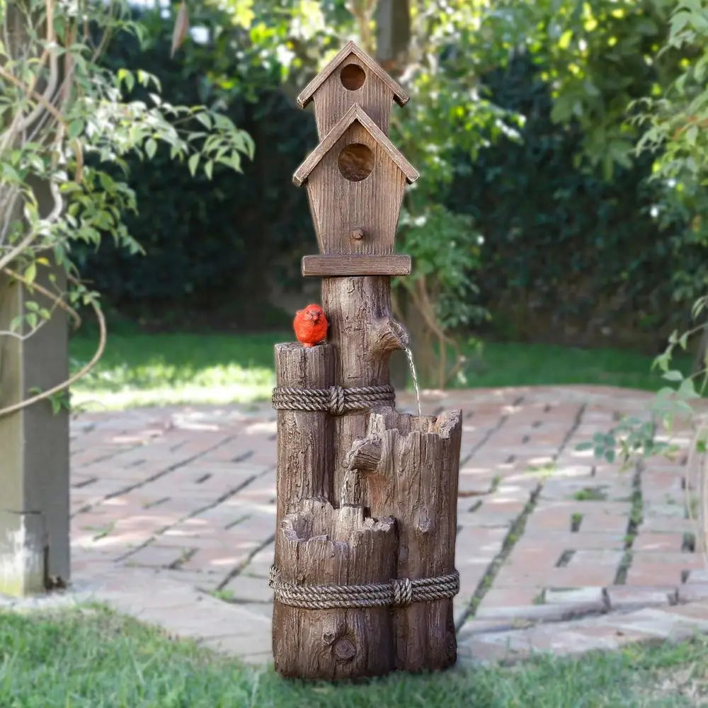 35" Tall Outdoor 3-Tier Birdhouse Water ountain with Accent, Rustic loor Decor or Garden and Patio, Brown