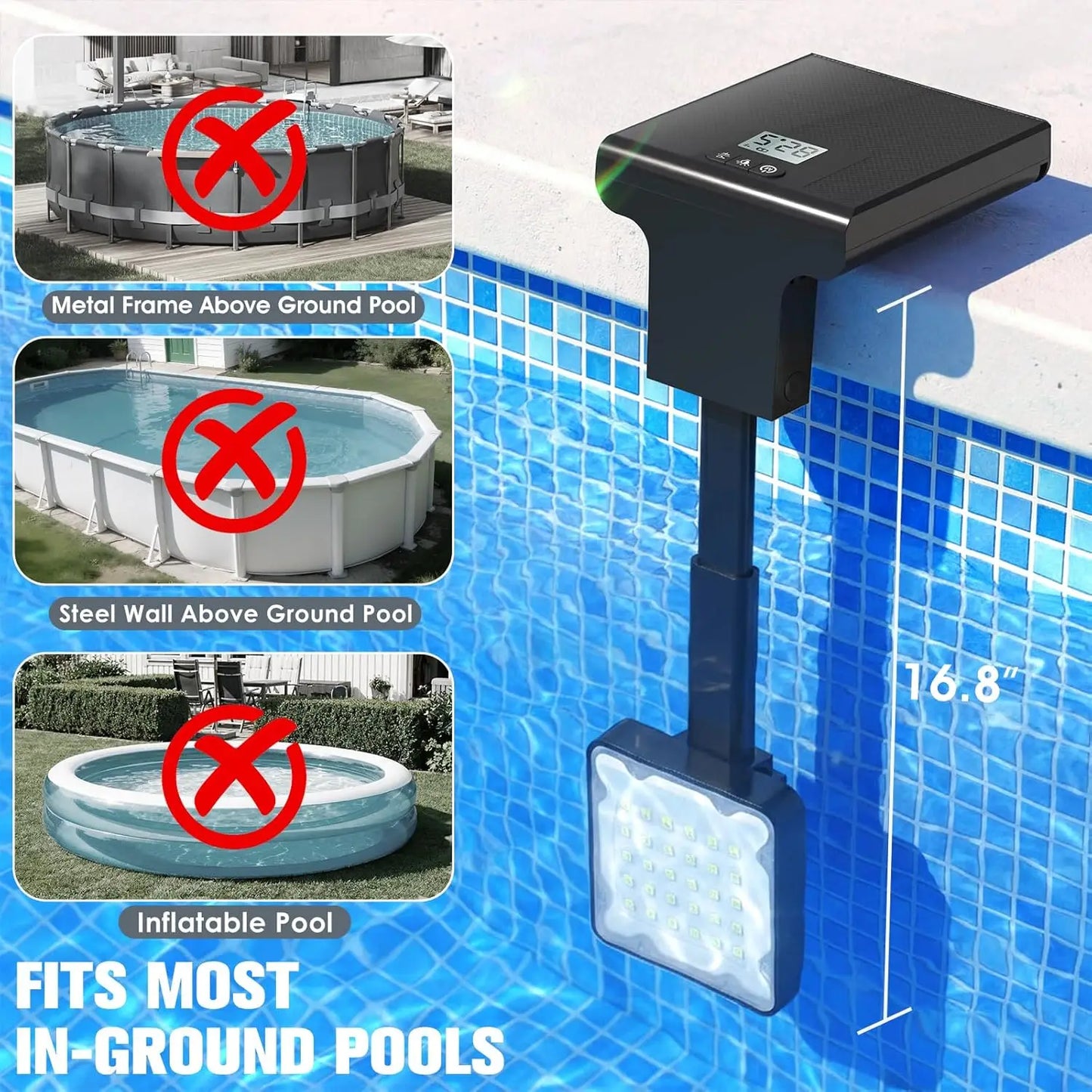 Solar Pool Lights with LCD Thermometer, Underwater LED for Inground Pools, 10 Light Modes