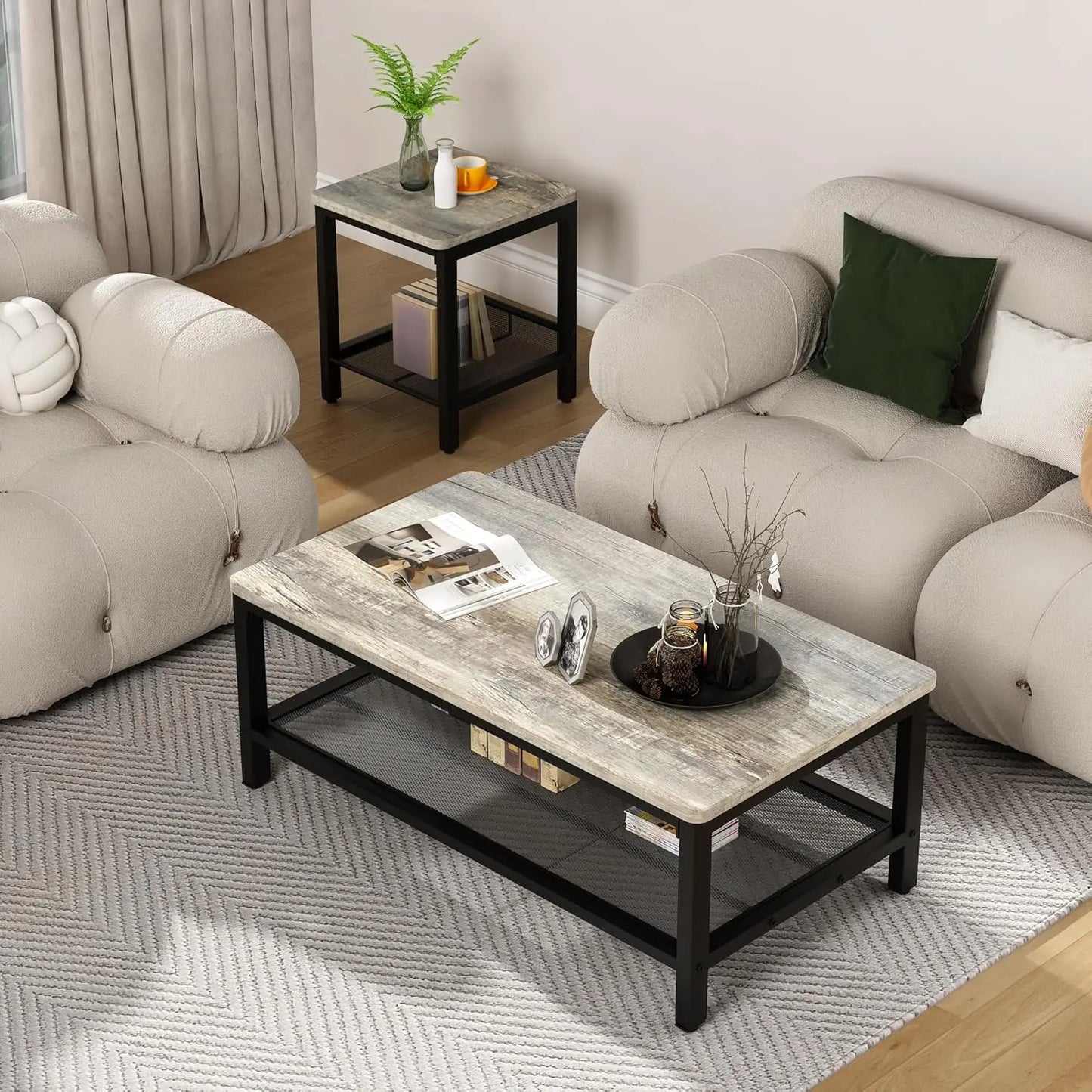 Coffee Table Set of 3, Industrial Coffee Table with 2 Square End Side Tables, Modern Living Room Table Set with, Customized