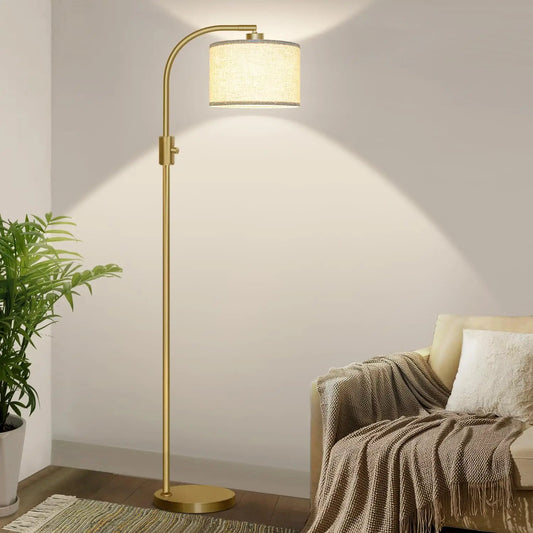 Modern Arc Dimmable Floor Lamp with Linen Shade, 1200 Lumens LED Bulb Included, Gold Finish for Living Room