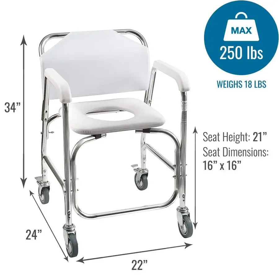 Rolling Shower Chair, Commode, Transport Chair, FSA Eligible, Rolling Bathroom Wheelchair for Handicap, Elderly, Injured or Dis