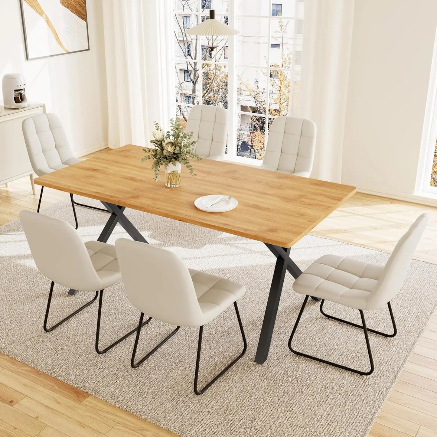 7-Piece Dining Set 63in MDF Table 6 Upholstered Chairs Metal Legs Kitchen Room Oak White Custom