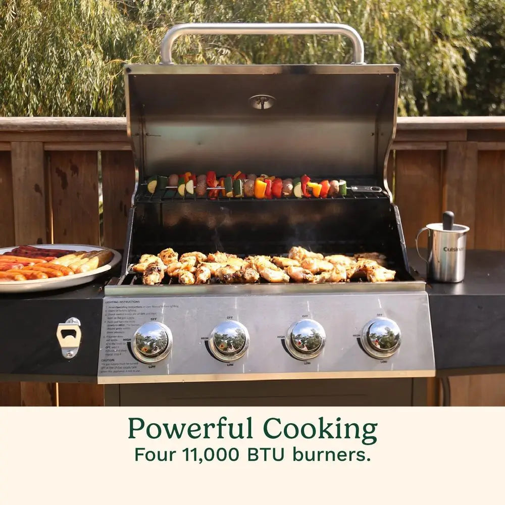 4-Burner Gas Grill, 44,000 BTtainlSteel ull Size Propane Grill with Cast Iron Grates, Outdoor Barbecue with Large Cooking Space