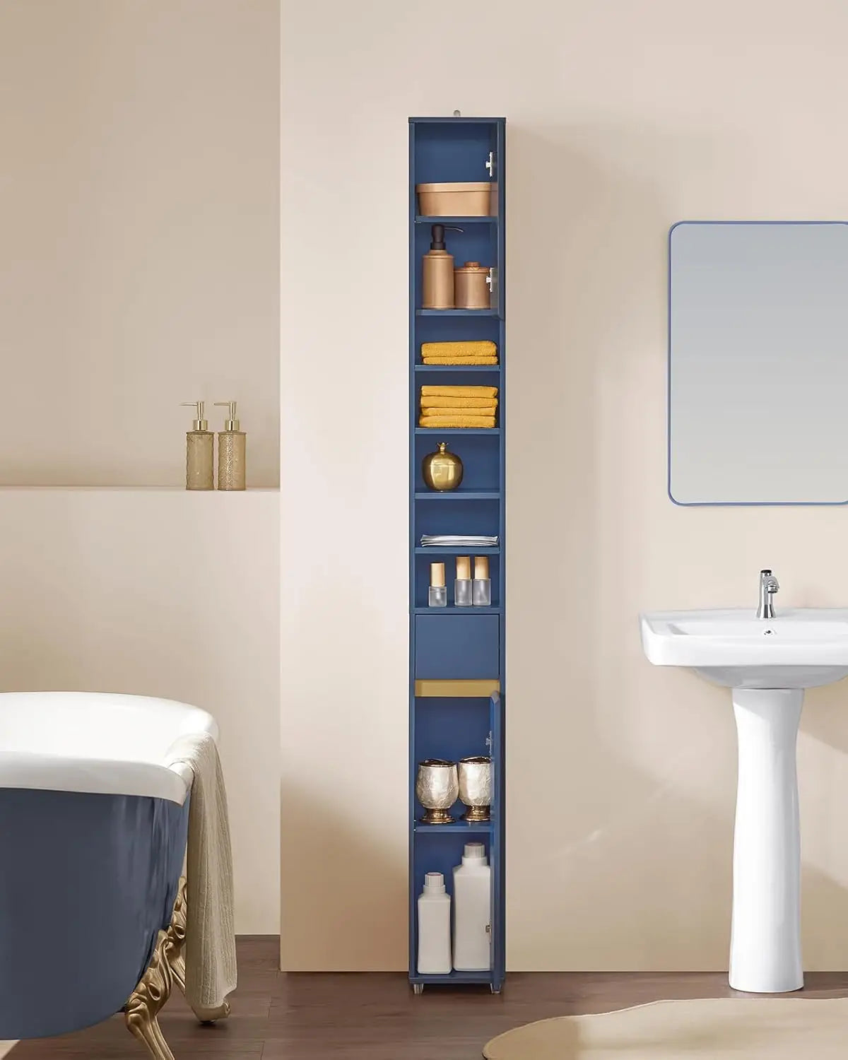 Narrow Bathroom Storage Cabinet Adjustable Shelves Anti-Tipping Tall Floor Cupboard Blue Customized