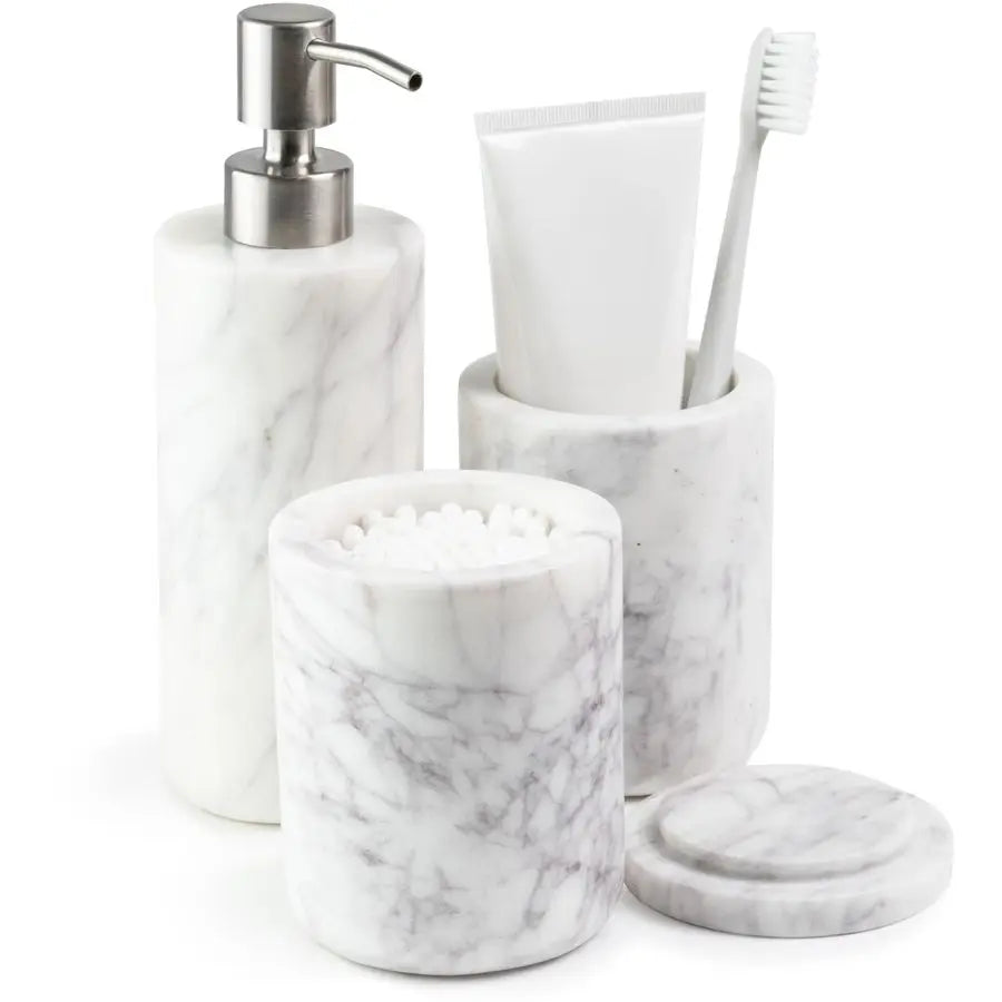 Bathroom Accessories Set, Complete 3 Piece Set with Soap Dispenser, Toothbrush Holder amp Canister with Lid for Qtips, White Ma