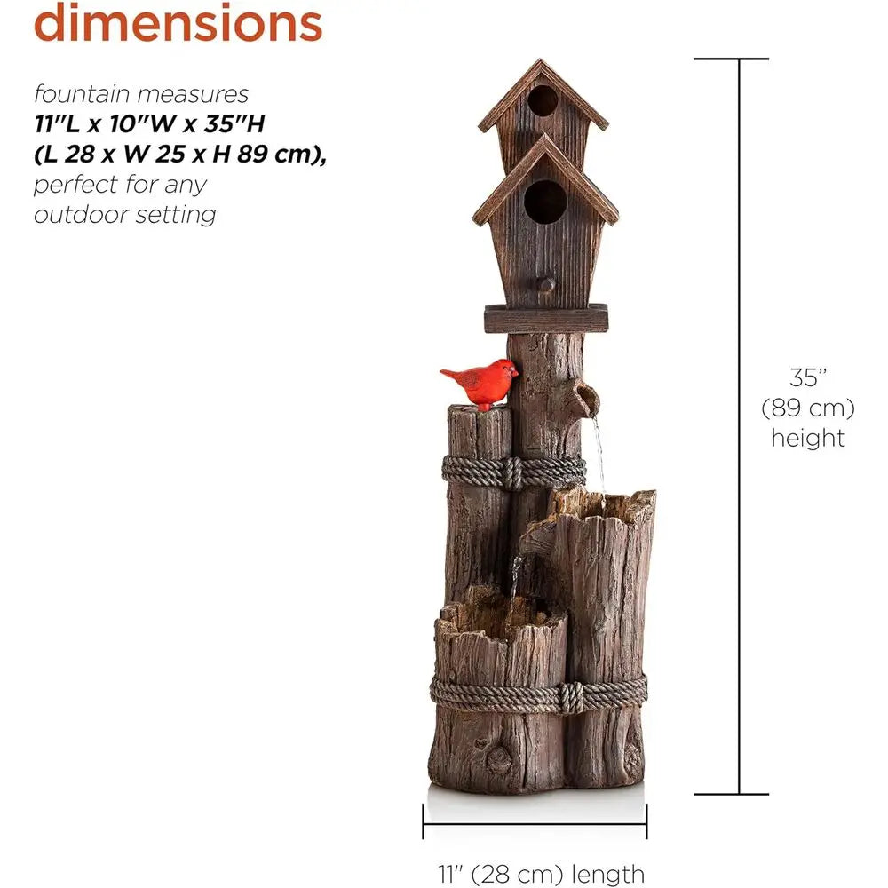35" Tall Outdoor 3-Tier Birdhouse Water ountain with Accent, Rustic loor Decor or Garden and Patio, Brown