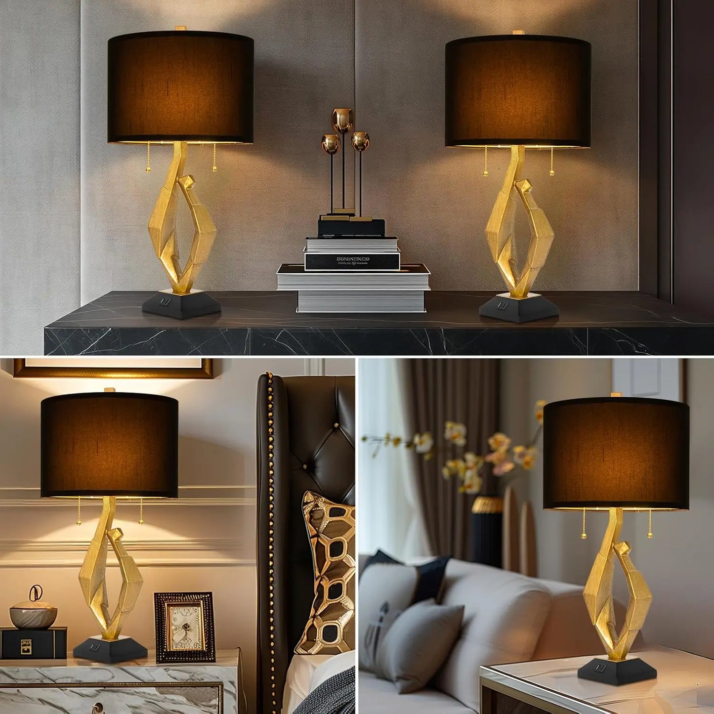 Table Lamp Set of 2 with USB Ports For Living Room, Gold Leaf Finish Farmhouse Lamps with S Cluster Pull Chains Switch