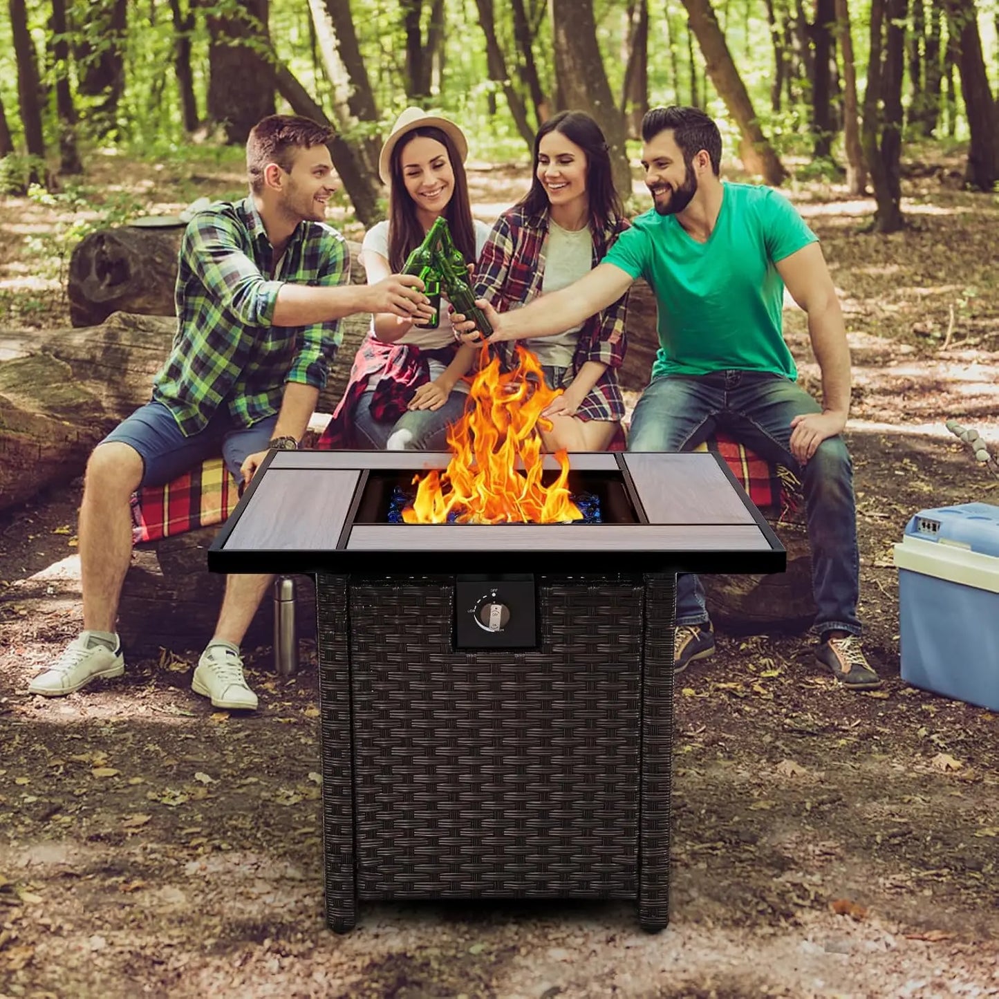 Propane Fire Pit, 30 Inch Outdoor PE Wicker Gas Fire Pit Table with Fire Glass, and Waterproof Cover, for Parties, Customized