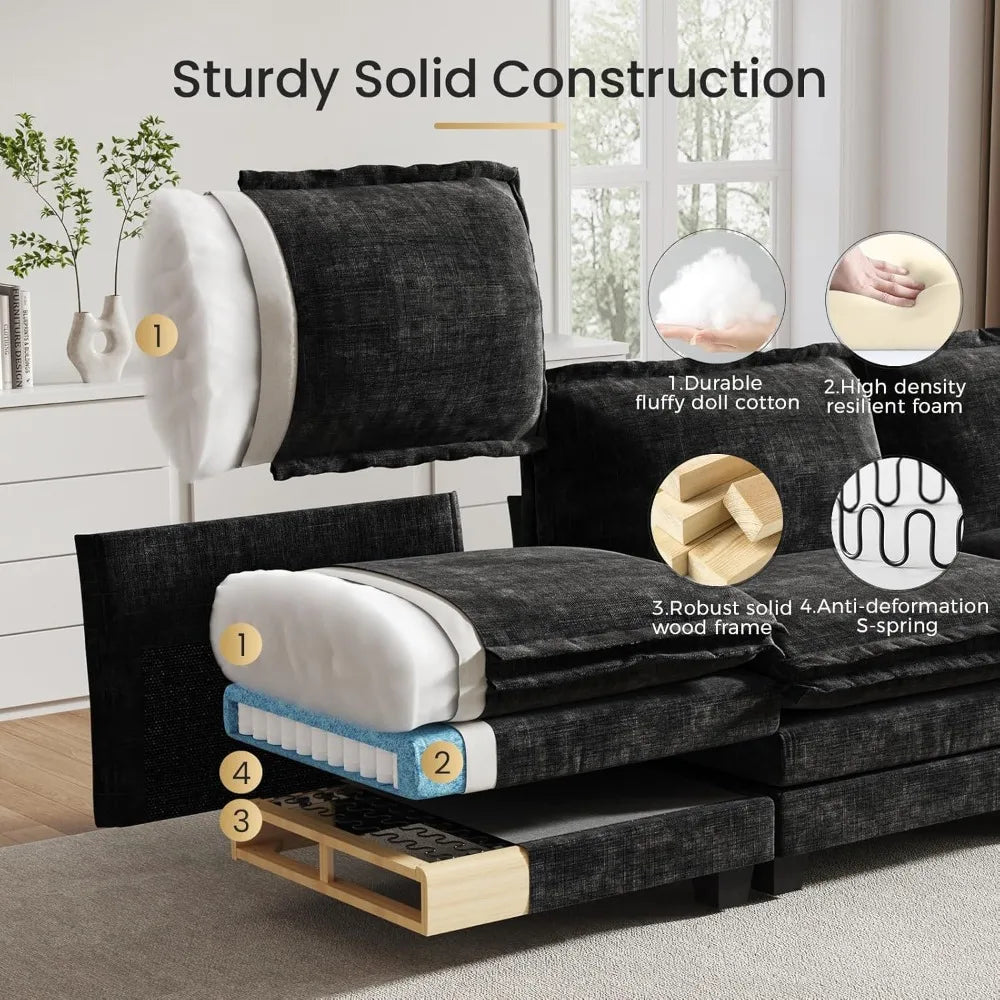 U-Shaped Modular Sectional Sofa, 6 Seater Cloud Couch with Ottoman, Chenille Sectional Couches for Living Room