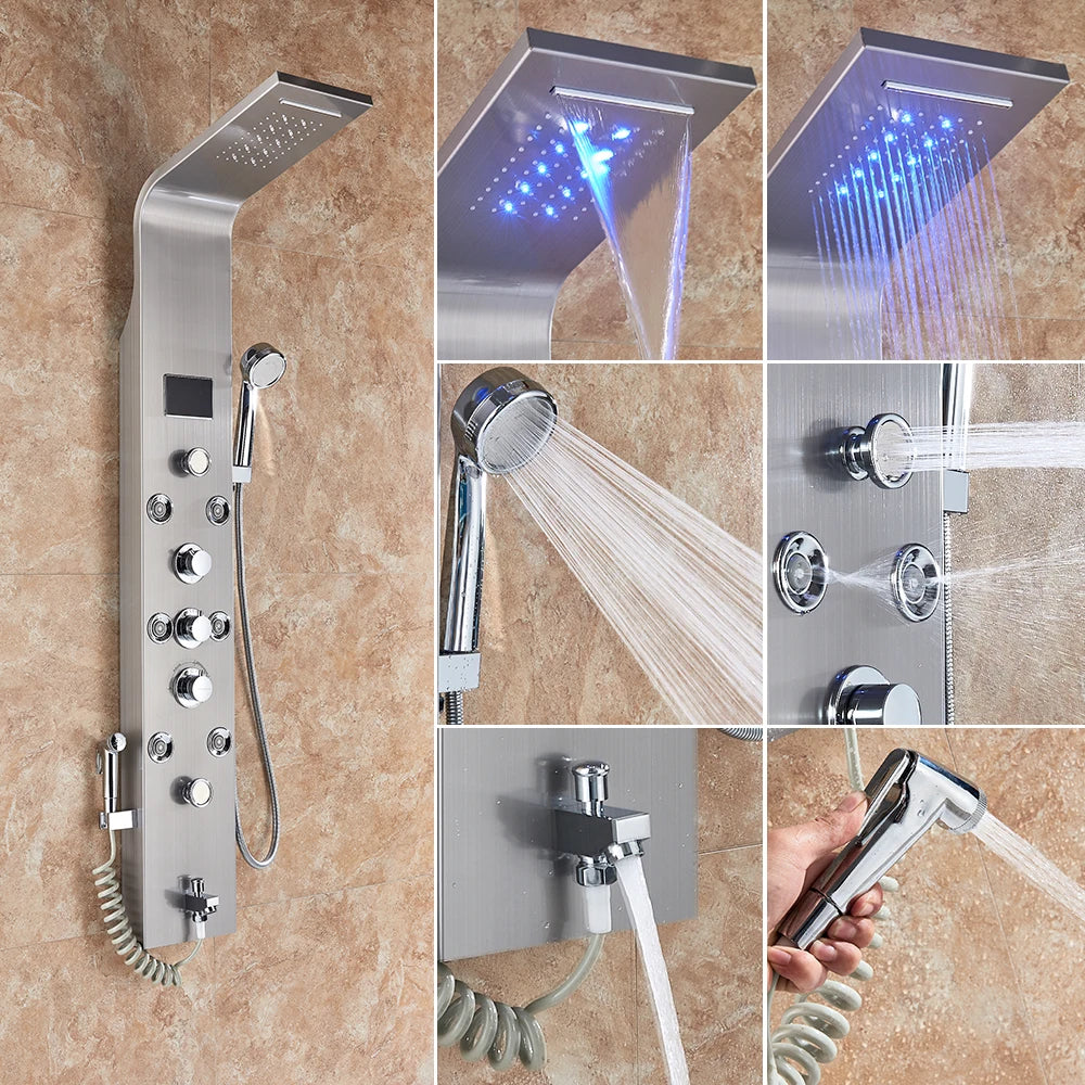 Newly Luxury Black/Brushed Bathroom Shower Faucet LED Shower Panel Column Bathtub Mixer Tap With Hand Shower Temperature Screen