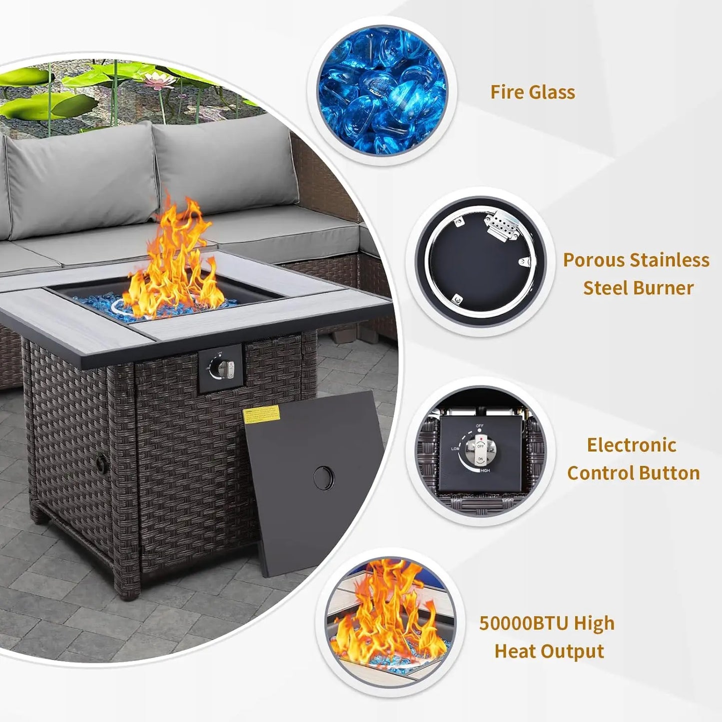 Propane Fire Pit, 30 Inch Outdoor PE Wicker Gas Fire Pit Table with Fire Glass, and Waterproof Cover, for Parties, Customized