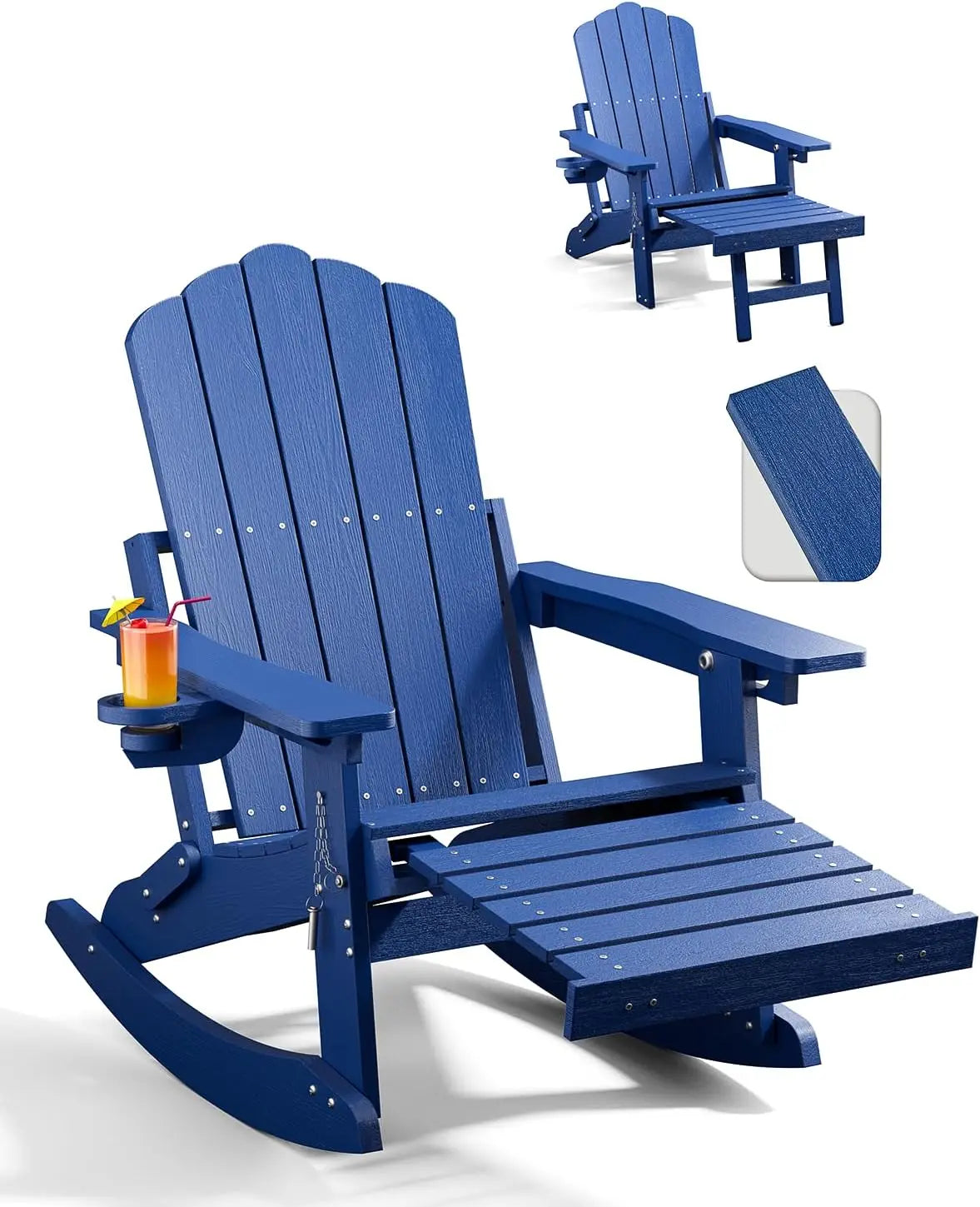 Adirondack Rocking Chairs with Retractable Ottoman & Cup Holders, 6-in-1 Folding HDPE Outdoor Rockers for Patio, Porch, Lawn
