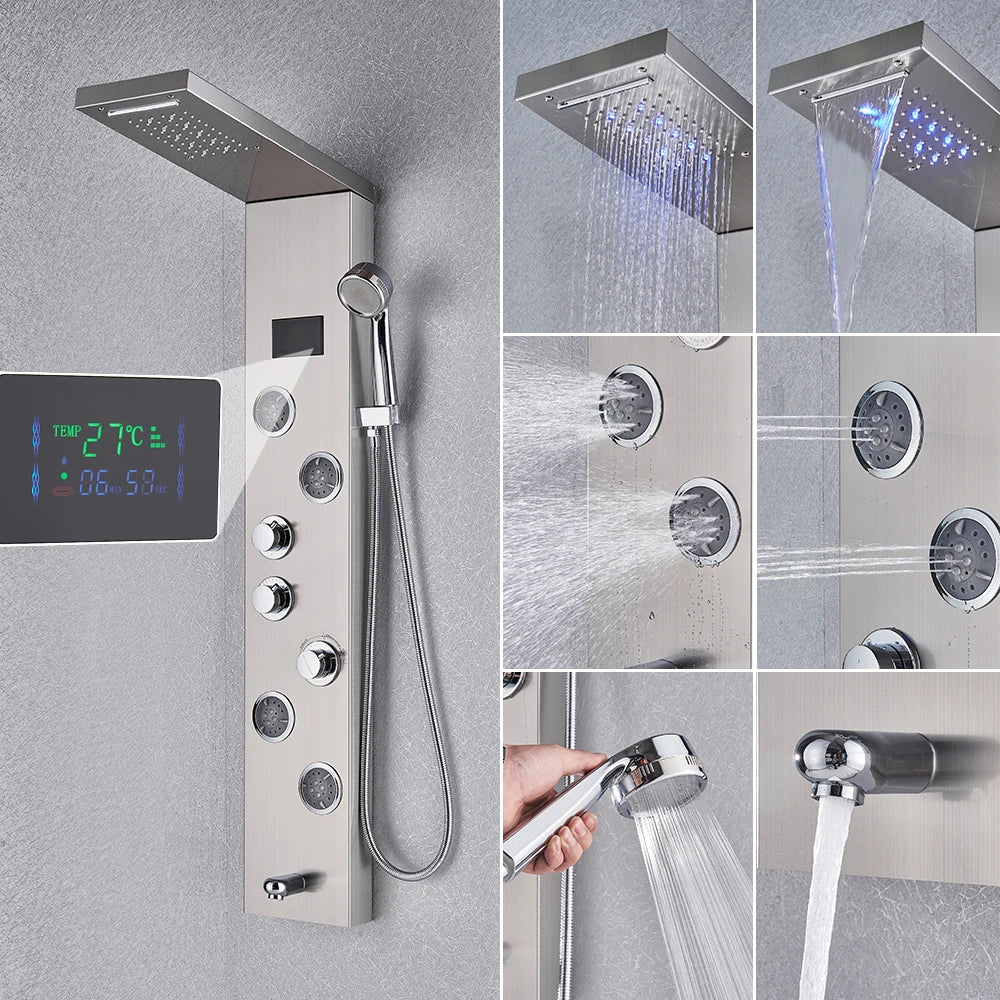 Newly Luxury Black/Brushed Bathroom Shower Faucet LED Shower Panel Column Bathtub Mixer Tap With Hand Shower Temperature Screen
