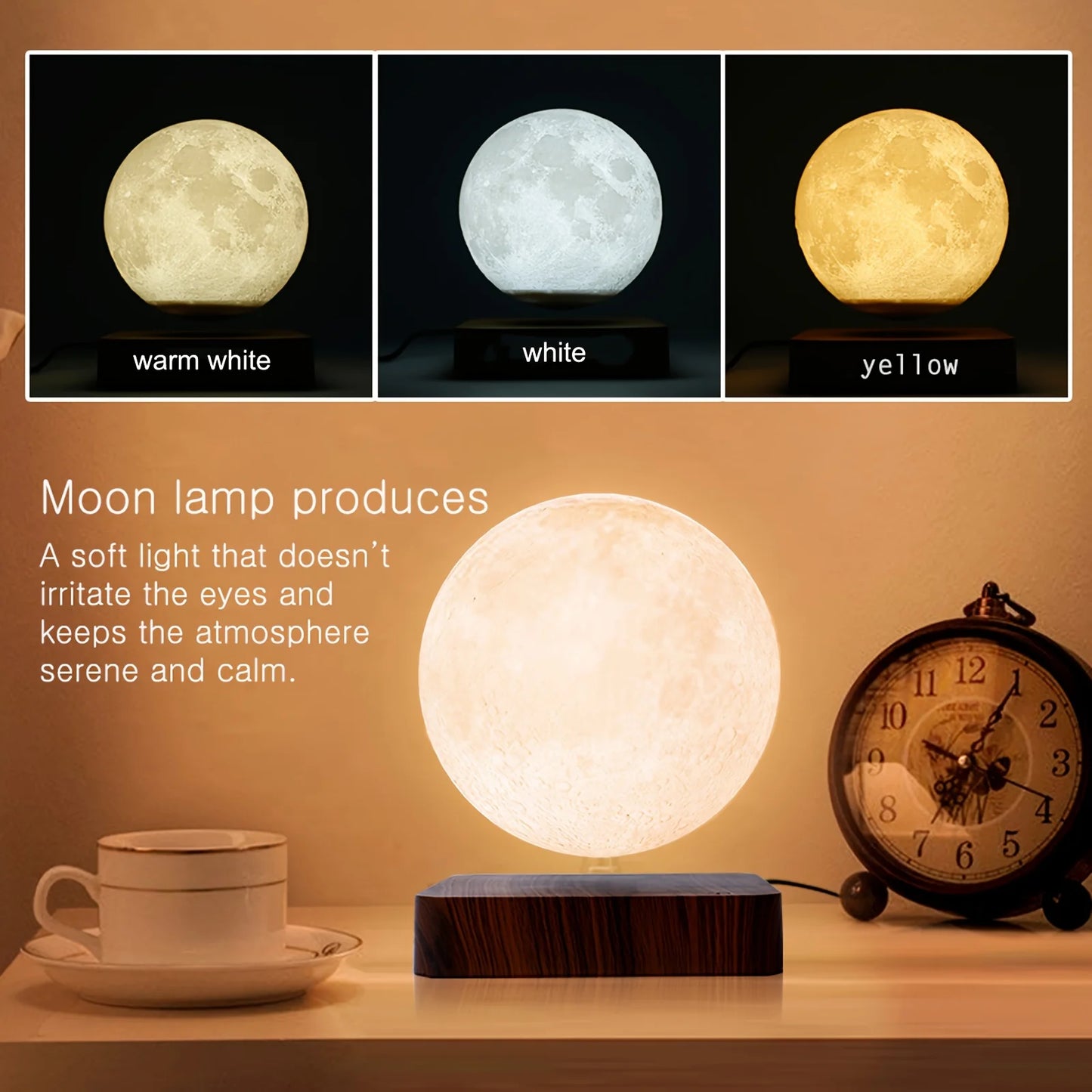 Magnetic Floating Rotating Moon Lamp with Wooden Base, 3 Color Temperature LED Night Lights of Print 3D for Unique Gifts,