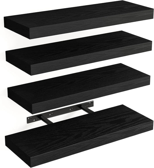 4 PACK Floating Shelves Black Wall Mounted Display Shelves for Living Room Bedroom Home Decor Minimalist Space Saving Storage