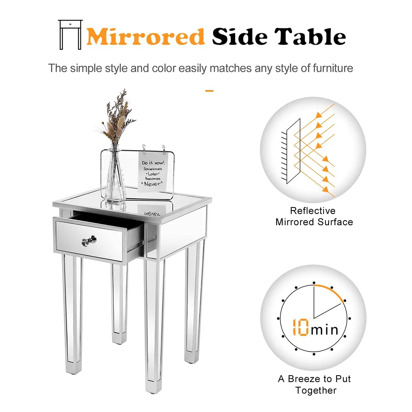 Mirrored End Table with Drawer Silver Modern End Table for Living Room 15.7x15.7x24 inch, Customized