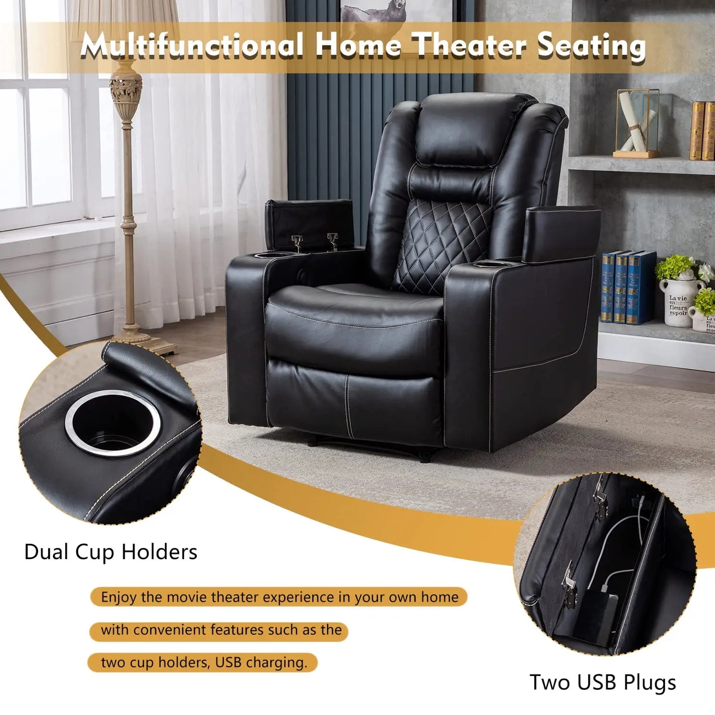 Power Recliner Chair USB Ports Cup Holders Leather Home Theater Hidden Arm Storage Black Customized