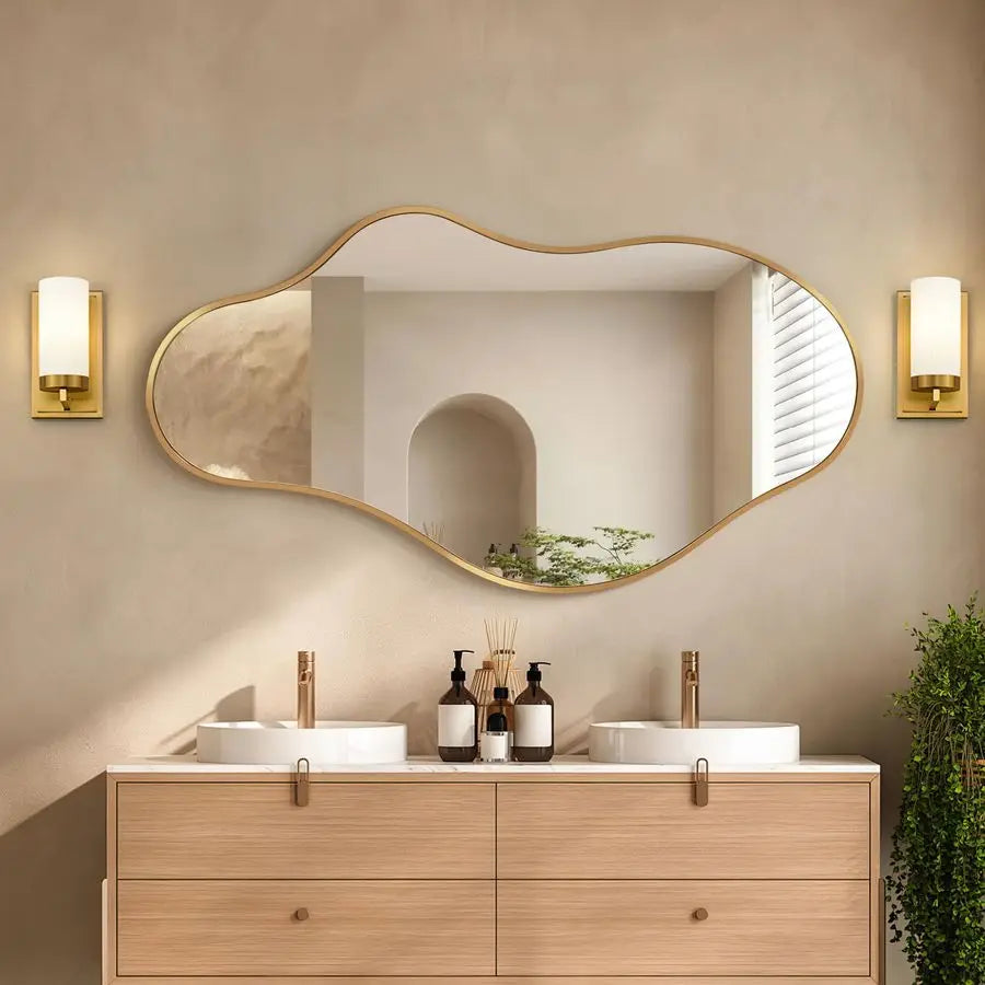 Wall Mirror, 20x36 Gold Abstract Asymmetrical Mirrors for Wall, Decorative Cloud Wavy Mirror for Living Room
