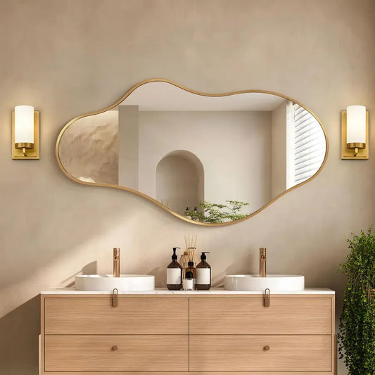 Wall Mirror, 20x36 Gold Abstract Asymmetrical Mirrors for Wall, Decorative Cloud Wavy Mirror for Living Room