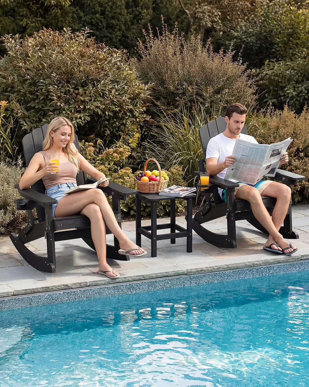Adirondack Rocking Chairs with Retractable Ottoman & Cup Holders, 6-in-1 Folding HDPE Outdoor Rockers for Patio, Porch, Lawn
