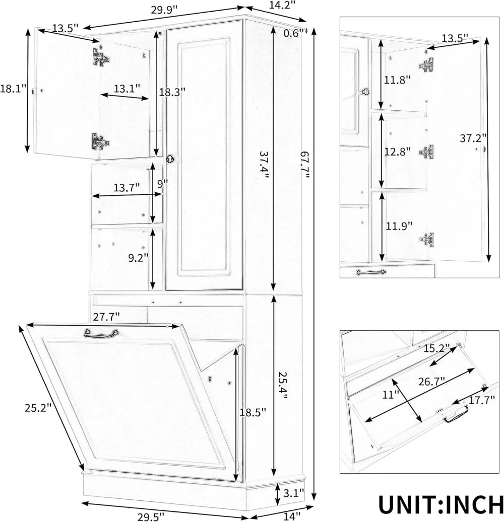 68" Tall Tilt-Out Laundry Hamper Cabinet with Adjustable Shelf, Freestanding Storage for Bathroom Kitchen Living Room