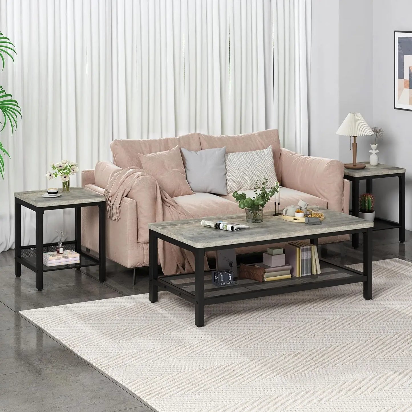 Coffee Table Set of 3, Industrial Coffee Table with 2 Square End Side Tables, Modern Living Room Table Set with, Customized